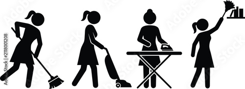 Quadro su tela Set of silhouettes of women doing household chores including sweeping, vacuuming