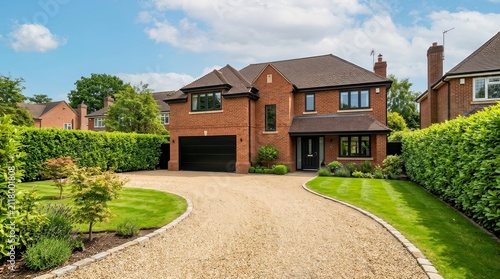 Two-story brick house featuring a black garage door and a curving gravel driveway.