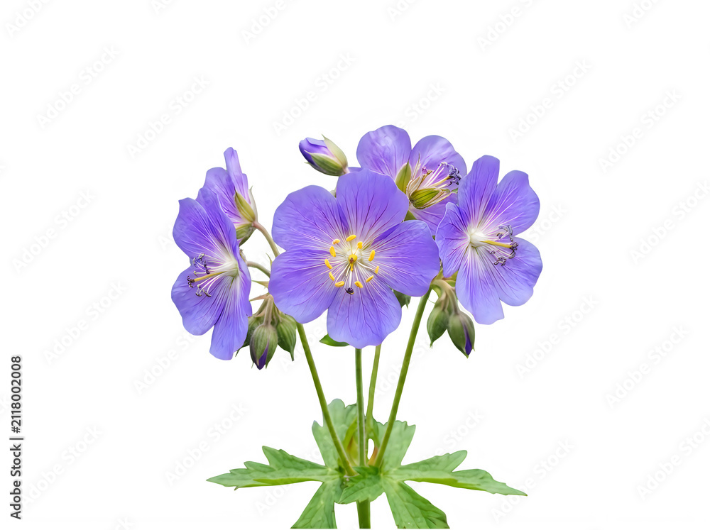 Obraz premium Beautiful purple geranium flowers with green leaves isolated on transparent background