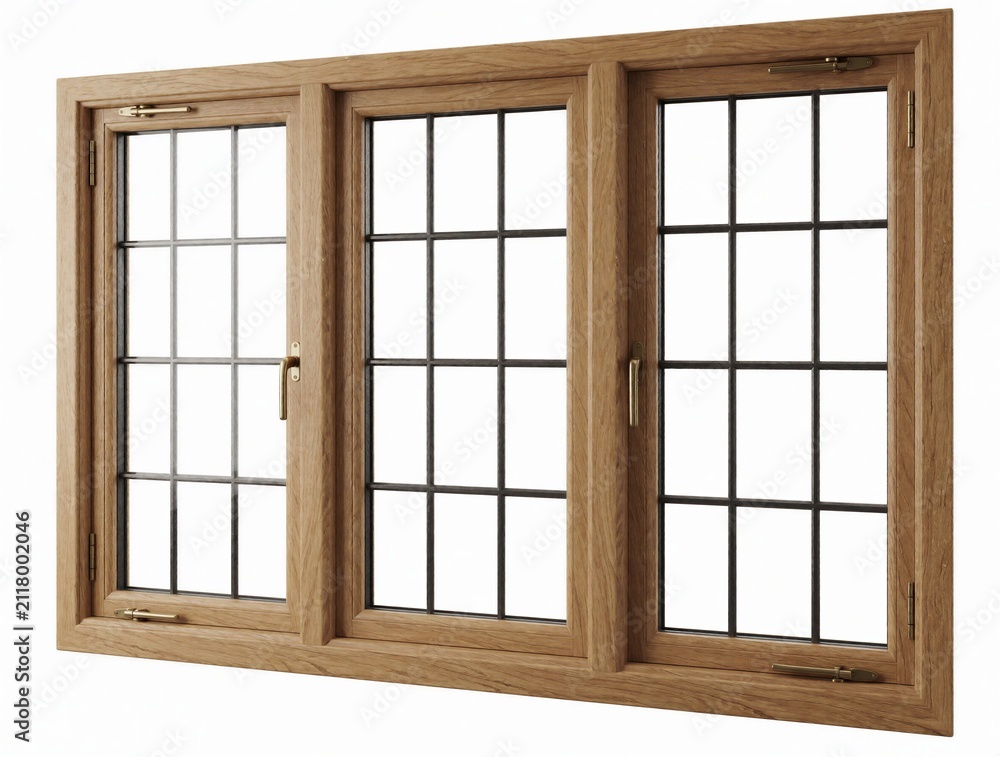 Fototapeta premium Three section wooden window frame with metal grid, brass handles. Brown oak timber structure isolated on white background. Classic house building construction element for architectural design