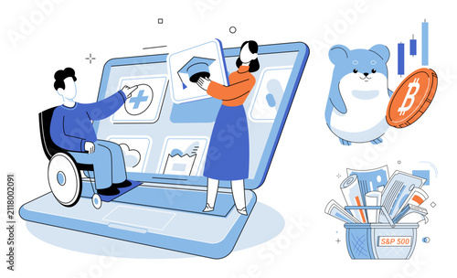 People using a laptop for online learning and financial trading vector illustration. Education, cryptocurrency, stock market, investment, digital skills, remote study. Students accessing virtual