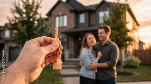 Hand holding golden house keys with a tiny home charm in front of a happy couple and new house.