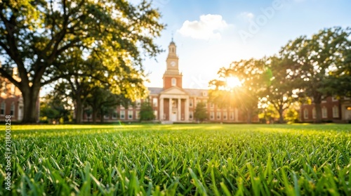 Sunny day at a college campus featuring a red brick building and green grass field.