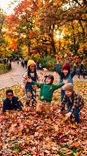 Children playing joyfully in autumn leaves in park during fall  