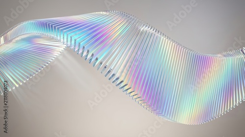 Abstract wave of transparent glass rectangles with iridescent light reflections creating a modern geometric 3d background design