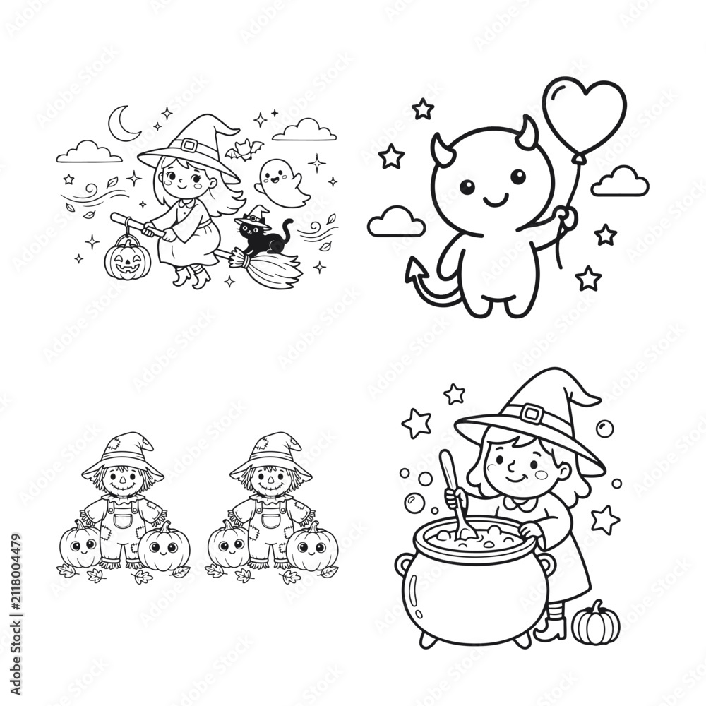 Fototapeta premium Set of cute halloween coloring page illustrations featuring a little devil witch pumpkins and spooky festive elements