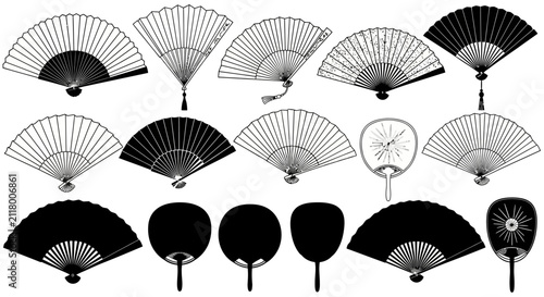 Traditional Asian hand fan silhouettes and collection of various folding and flat style cultural icons