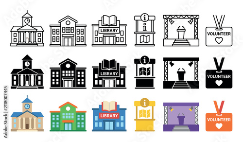 Public buildings event community service icons collection featuring various architectural structures, information booths, stages, and volunteer badges in outline, solid, and colorful styles.