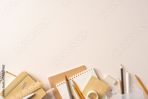 Quadro su tela Back to school flat lay with notebooks pencils ruler and simple stationery on a