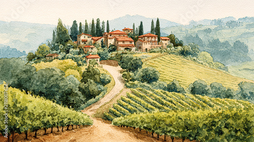 Tuscan vineyards with cypress trees and peaceful countryside farmhouse