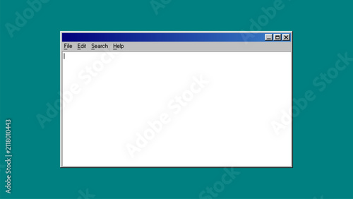 Retro computer window interface with text editor menu. Old operating system application frame on solid teal background. Digital desktop environment template for design and vintage software.