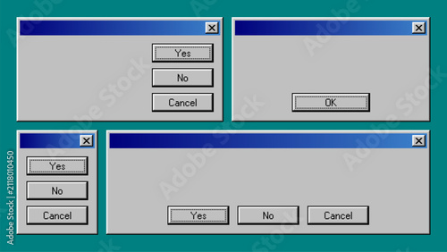 Retro computer window system interface elements. Old operating system dialogue boxes with yes no and cancel buttons. Graphic user interface design for computer software application.