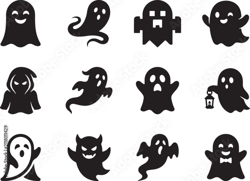 фотографія Collection of twelve cute and spooky ghost silhouette icons for Halloween, featuring various expressions, lantern, and devilish characters in vector style