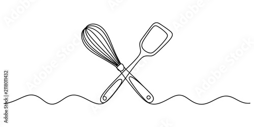 Foto Continuous single line drawing of a kitchen whisk and a spatula crossed together