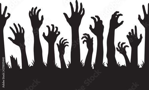 High contrast silhouette of many zombie hands reaching up from the ground, isolated on white background, perfect for horror themed graphic design projects.