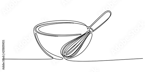 Fotografie Continuous single line drawing of a metal mixing bowl and a kitchen whisk tool f