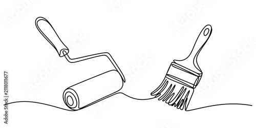 Continuous single line drawing of paint roller and brush for home renovation and interior design work tools concept in simple minimalist black ink style art Vector, illustration