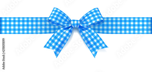 Blue and white gingham ribbon bow with checkered pattern and horizontal band isolated on clean white background