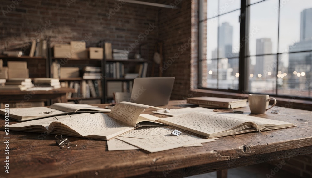 Obraz premium Small independent publishers urban loft with a sharp view of handwritten notes and manuscript proofs blurred cityscape through large windows in the background.