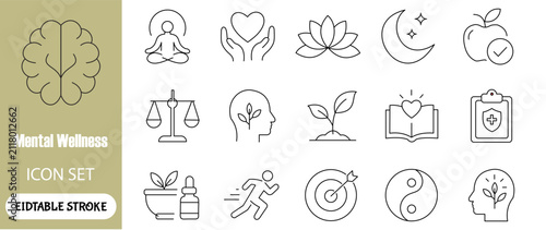 Mental wellness icon set for meditation yoga and healthy lifestyle concepts in minimalist line art.
