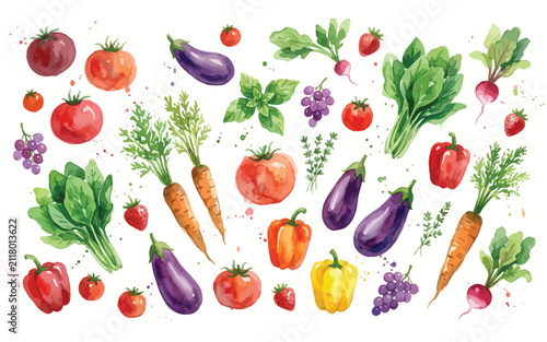 Watercolor collection of fresh organic vegetables and fruits arranged as a vibrant artistic food silhouette