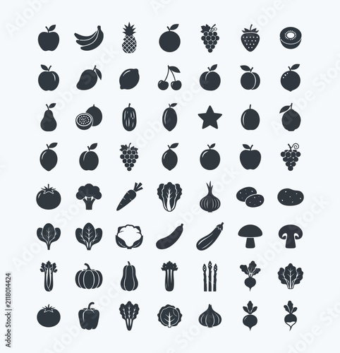 Collection of various fruit and vegetable icons presented in a detailed black and white graphic design silhouette