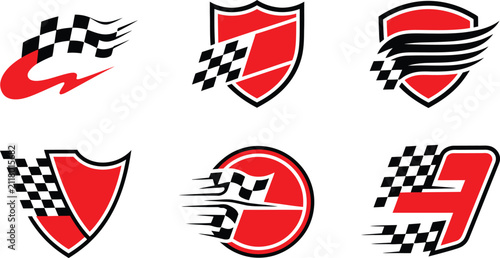 Auto Racing Checkered Flag Shield Badges and Speed Logo Emblems Vector