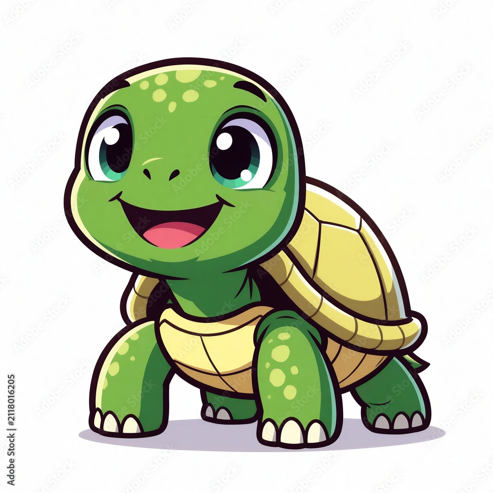 Obraz premium Adorable green cartoon turtle smiles happily. Cute reptile character yellow shell, big eyes. Fun animal illustration for kids. Friendly pet design with bright colors on white background. Simple
