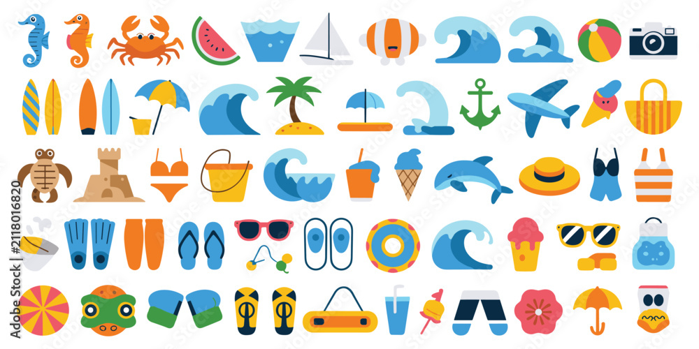 Fototapeta premium Collection of flat featuring summer vacation themes, including sea creatures, beach gear, tropical fruits, ocean waves, surfboards, ice cream, clothing, and travel accessories