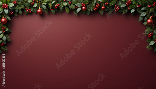 Luxurious Christmas border with evergreen garland, holly berries, cranberries, and golden accents copy space