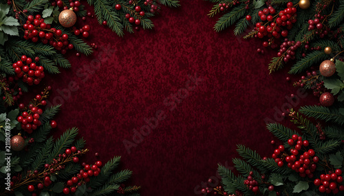 Christmas wreath with berries and golden ornaments on dark burgundy velvet background