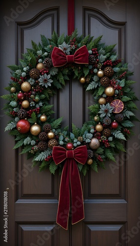 Large evergreen wreath decorated with burgundy velvet ribbons and vintage gold ornaments
