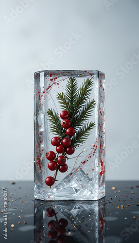 Ice block with evergreen branch and red currants on polished black stone