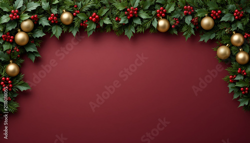 Christmas frame with evergreen garland, holly berries, cranberries, and elegant gold ornaments, copy space