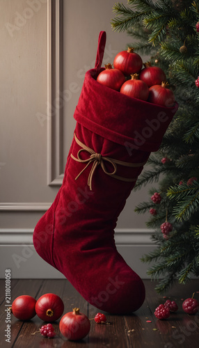 Christmas stocking filled with pomegranates against a festive background
