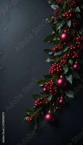 Luxurious background with holly berries and matte burgundy ornaments on evergreen branch
