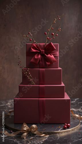 Stacked burgundy gift boxes decorated with cranberry branches on a dark marble surface
