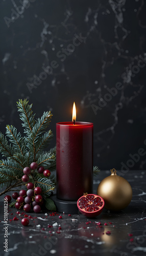 Luxurious still life: a burgundy candle with an evergreen branch, cranberries, pomegranates and gold ornaments on dark marble.