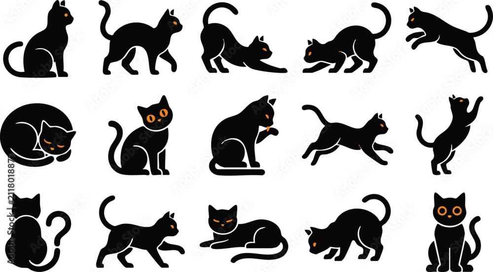 Fototapeta premium Set of black cat silhouettes in various poses perfect for spooky halloween decorations and graphic design projects