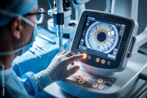 Surgeon uses modern laser machine with eye display for vision correction. Doctor operates eye surgery equipment in clinic. Patient benefits from laser eye treatment for sight improvement.