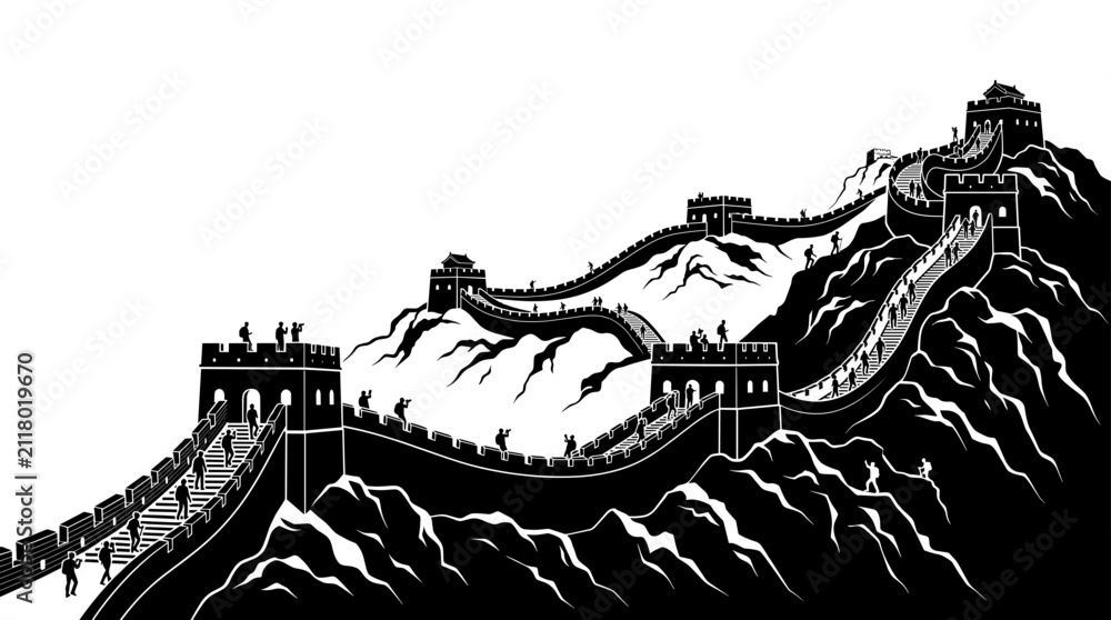 Obraz premium great wall china vector landmark silhouette illustration of ancient asian fortress winding through mountains black and white monochrome graphic for travel tourism heritage design