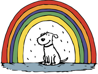 Fotobehang Regenboog Vrolijke cartoon hond onder kleurrijke regenboog regen  © Irina
