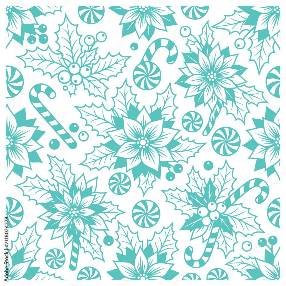 Obraz premium Christmas holiday pattern featuring festive poinsettia flowers and candy canes for seasonal wrapping paper design
