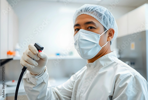Asian male scientist in cle...