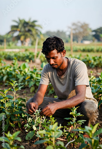 Indian farmer tending to yo...