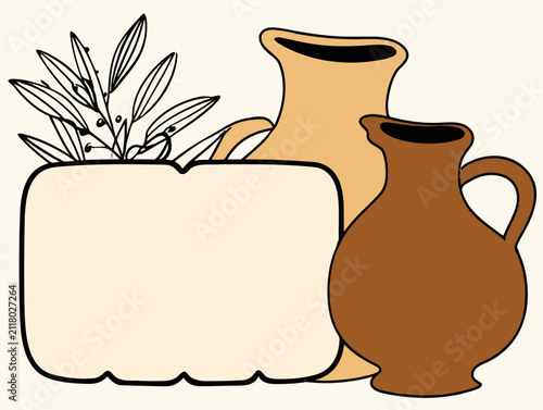 Rustic earthenware jugs and a soft cream planter with delicate green foliage create a serene natural arrangement