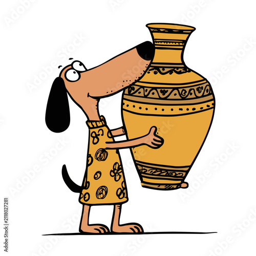 Adorable cartoon dog in a patterned sweater gently sniffs a rustic ornate ceramic vase with intricate tribal patterns