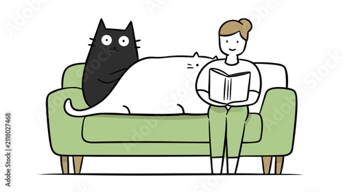 Cozy scene with a relaxed woman reading a book next to two fluffy cats lounging on a soft green sofa