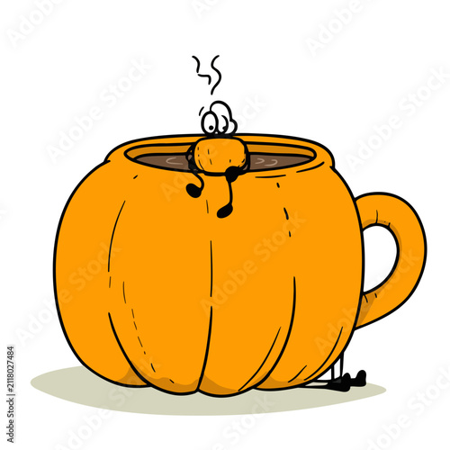 Whimsical character relaxing in a steaming pumpkin-shaped mug filled with warm coffee on a cozy autumn day