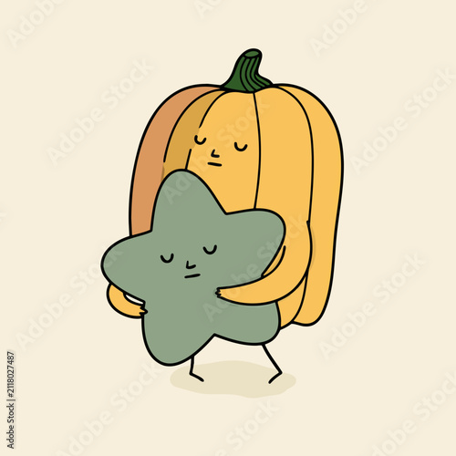 Cheerful pumpkin hugging a soft green star with closed eyes on a warm cream background showcasing autumn friendship